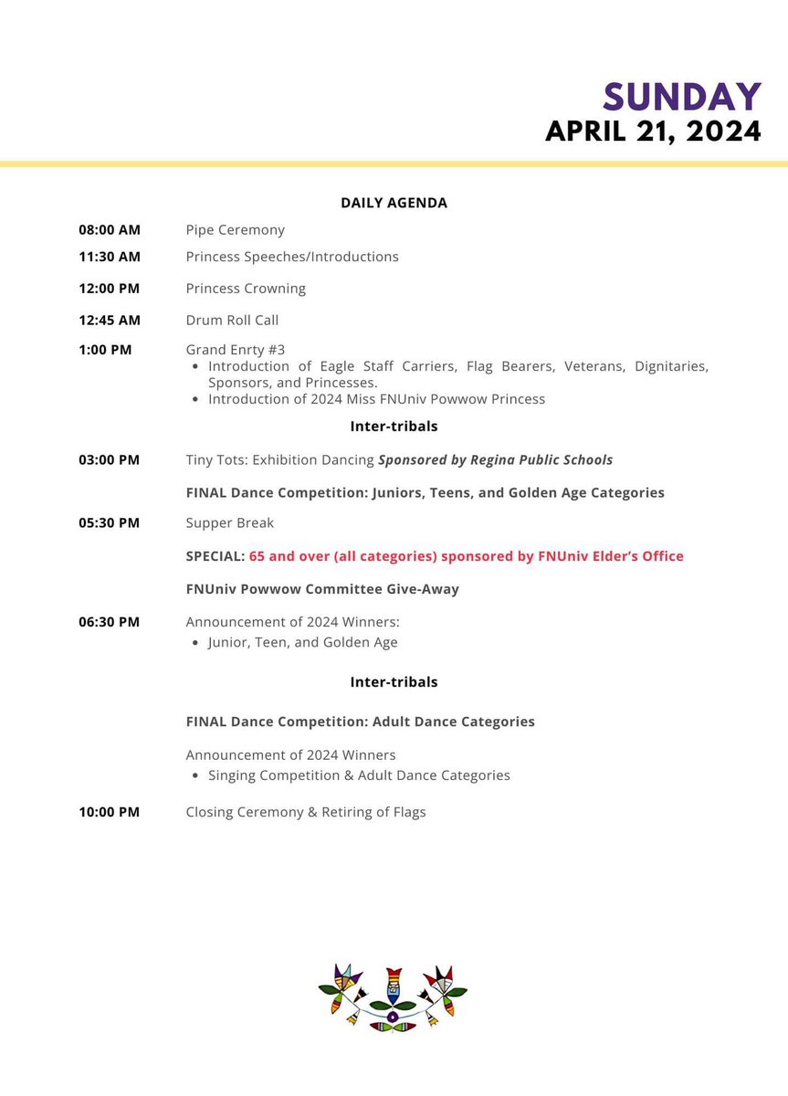 <a href="/fnunivpowwow/">@FNUnivPowwow</a> Saturday Agenda! #fnunivpowwow #treaty4 #yqr