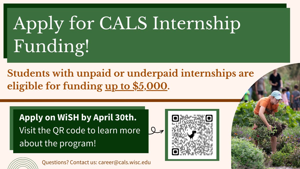 Hey, students! The CALS Career Services Student Internship Fund provides support payments of up to $5,000 to enable CALS undergraduate students to take advantage of internships — paid or unpaid. Learn more at apply now at cals.wisc.edu/academics/unde….