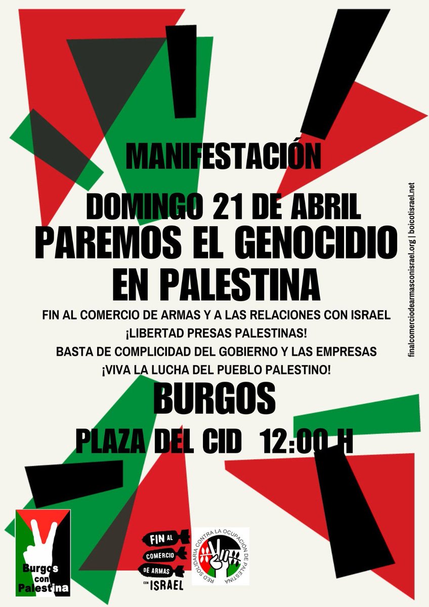 En #Burgos 👇🏾 🪧🪧 MANIFESTACIÓN 🪧🪧 🗓️ Domingo 21 de abril 🕛 12:00h 📍 Plaza del Cid