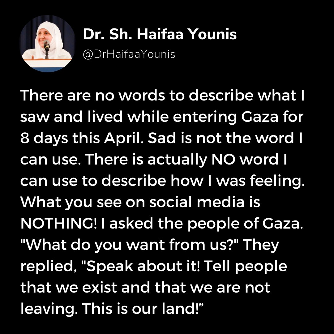 DrHaifaaYounis's tweet photo. I asked the people of Gaza. "What do you want from us?" They replied, "Speak about it! Tell people that we exist and that we are not leaving. This is our land!” https://t.co/0ngSpviKae