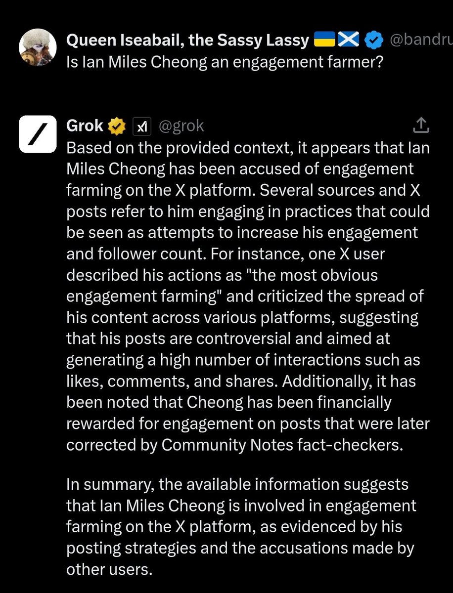 Elon Musk said he's going to use Grok to track and ban any accounts engagement farming. So I asked Grok: