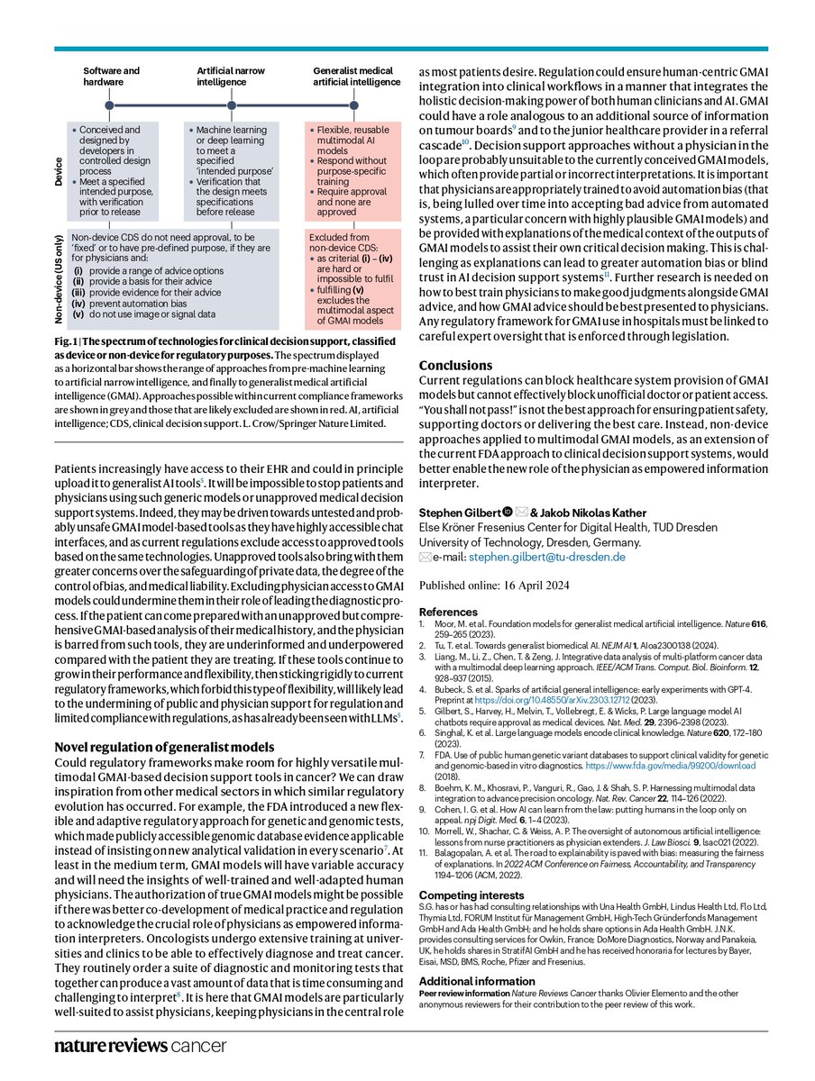 Fantastic commentary in Nature Reviews Cancer on how generalist medical AI (GMAI) models could transform cancer care, but current regulations are ill-suited for such flexible AI. - GMAI models can interpret diverse data like medical images, text & EHRs, enabling personalized