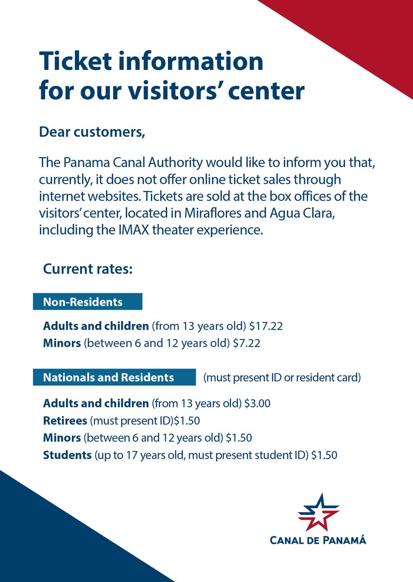 thepanamacanal's tweet image. The Panama Canal Authority would like to inform you that, currently, it does not offer online ticket sales through internet websites. Tickets are sold at the box offices of the visitors' center, located in Miraflores and Agua Clara.
More information: visitcanaldepanama.com