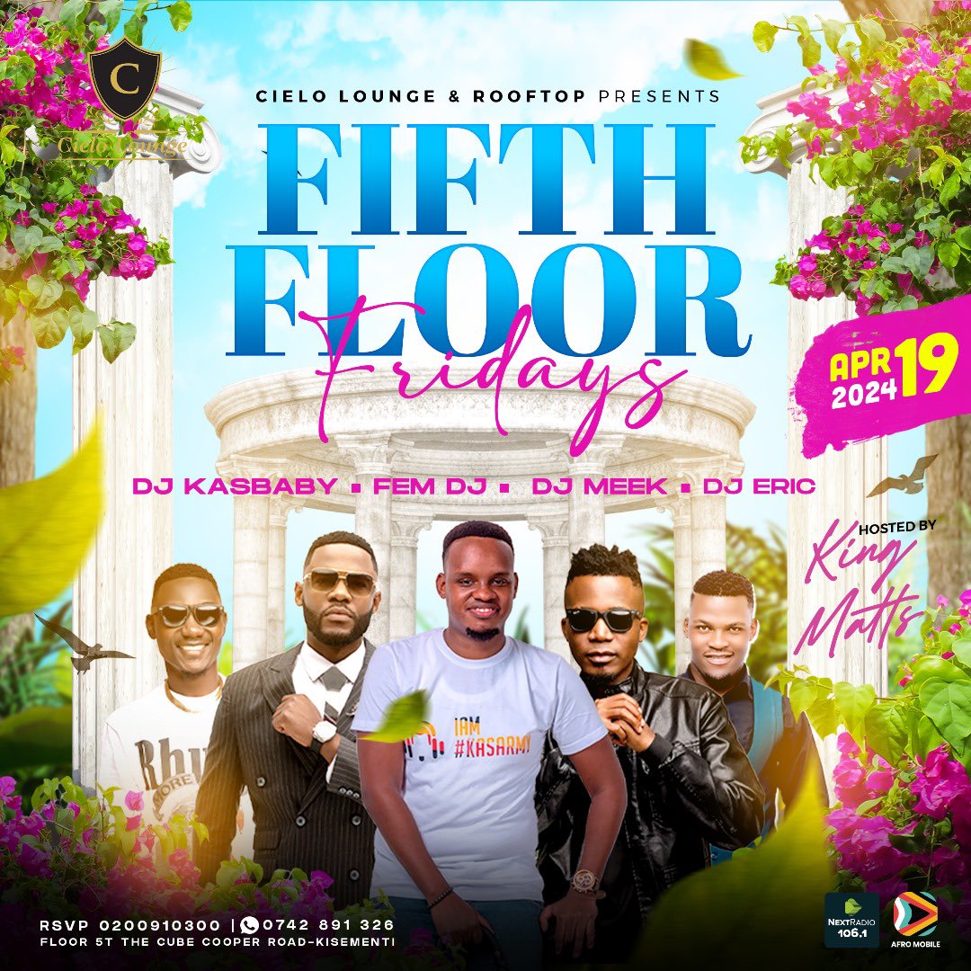 Tonight we turn up for the #FifthFloorFridays with @KingMatsOffici1 A longside @djKasBaby @fem_dj @deejay_meek @DjEric256 All powered by @afromobileug x @nextradio_ug