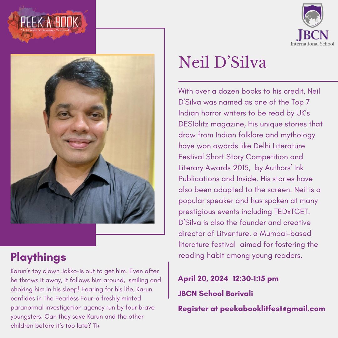 Glad to be a part of the Peek-a-Book litfest at JBCN International School, Borivali, tomorrow. I shall be conducting a workshop on The Craft of Horror Writing and a session on my book, Playthings! #WritingCommunity