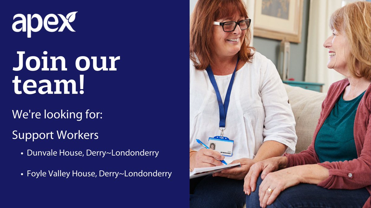 📣Join our team! We're currently looking for Support Workers for two of our schemes in #Derry #Londonderry, Dunvale House and Foyle Valley House. ✅ Full time ✅ 20 days paid leave and 12 statutory days ✅ Training & development opportunities Find out more bit.ly/3P28kis