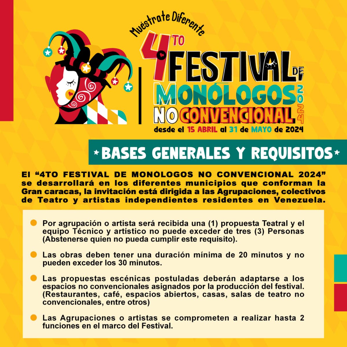 AmbiguPROD's tweet photo. CONVOCATORIA ABIERTA!!! Invitamos a todas las agrupaciones y artistas independientes de Vzla a postularse al 4to Festival de monólogos no convencional 2024.  Consulta nuestra Bases y Requisitos. Ingresa a nuestra cuenta de instagram https://t.co/OD6vyASQRV  #teatro #arte #Caracas https://t.co/KOUxyDy9dn