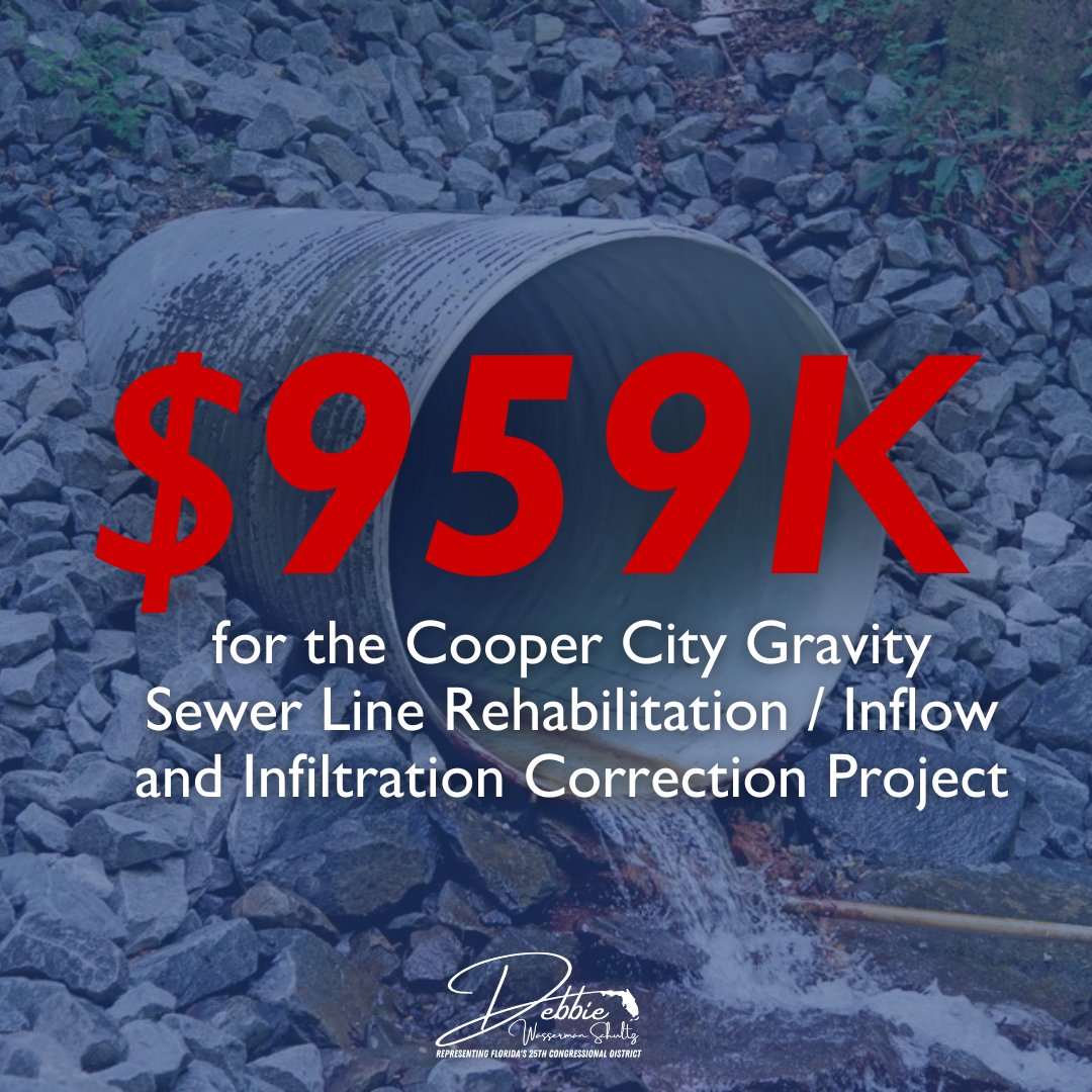 Another #Minibus victory: $959K for Cooper City’s Sewer Line Rehabilitation Project. This money will restore sewer lines in @‌CooperCityGOV to keep #FL25’s water costs low and protect the Everglades! Proud to deliver it!