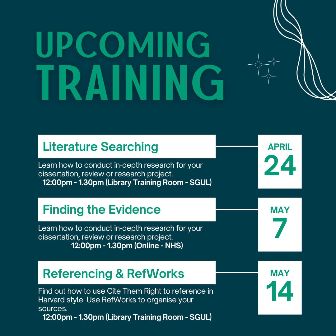 We've got more training sessions scheduled throughout April and May. Brush up on your literature searching and referencing skills for the Summer term. Visit sgul.libcal.com to book!