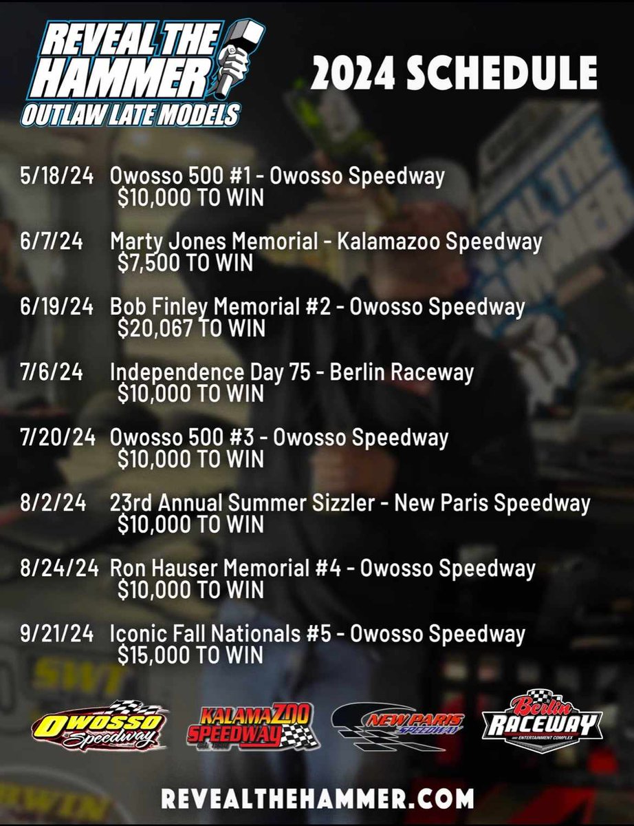 Your Handy Guide to EVERYTHING Happening for the 2024 Season Opener

Reveal The Hammer Outlaw Super Late Model Series / #Owosso500Series Race 1⃣ - Saturday, May 18th - Owosso Speedway (MI) 👇
facebook.com/RevealTheHamme…

#RTHOutlaws | #WedgeBodyWarriors