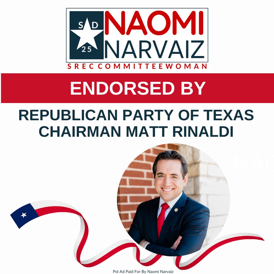 I am pleased to announce that Chairman @MattRinaldiTX has endorsed my campaign for re-election to the SREC for #SD25  Under his leadership, our Party has made great strides for the grassroots and stood strong for conservative Texas values and I will continue to 'Defend Texas and