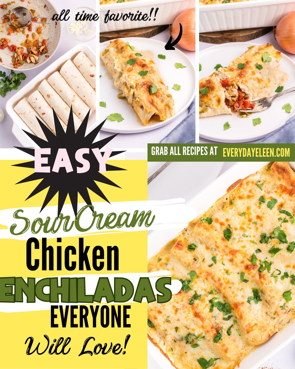 Easy Sour Cream Chicken Enchilada Casserole is a quick easy dinner recipe. The chicken is perfectly seasoned and wrapped in corn tortillas and a creamy white sauce. A great recipe to make ahead for an easy weeknight dinner. #recipe #chickenenchiladas everydayeileen.com/sour-cream-chi…