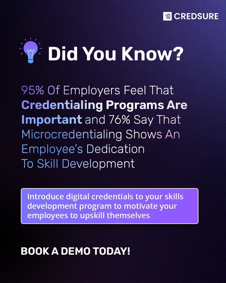 Help your employees develop their skills with amazing credentialing programs. Book a demo with CredSure to start your credentialing journey today!

credsure.io/book-a-demo/

#DigitalCredentials #CredSure #EmployeeTrainin
