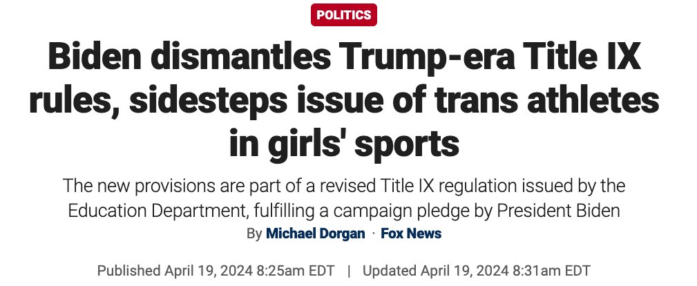 It's incredible that the president can say this with a straight face while his administration works to dismantle women's sports on behalf of radical gender ideology. 🔗foxnews.com/politics/biden…