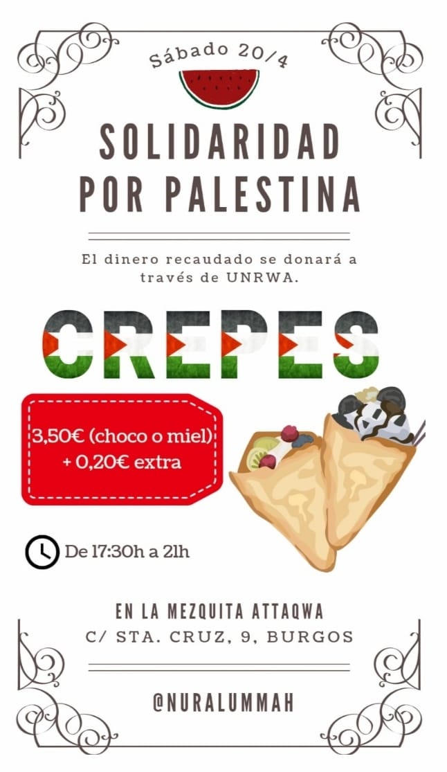 Antes, mañana sábado, las compañeras de Nur Al Ummah organizarán una merienda solidaria por #Palestina De 17.30 a 21:00h en la Mezquita Attaqwa. ¡Veníos!