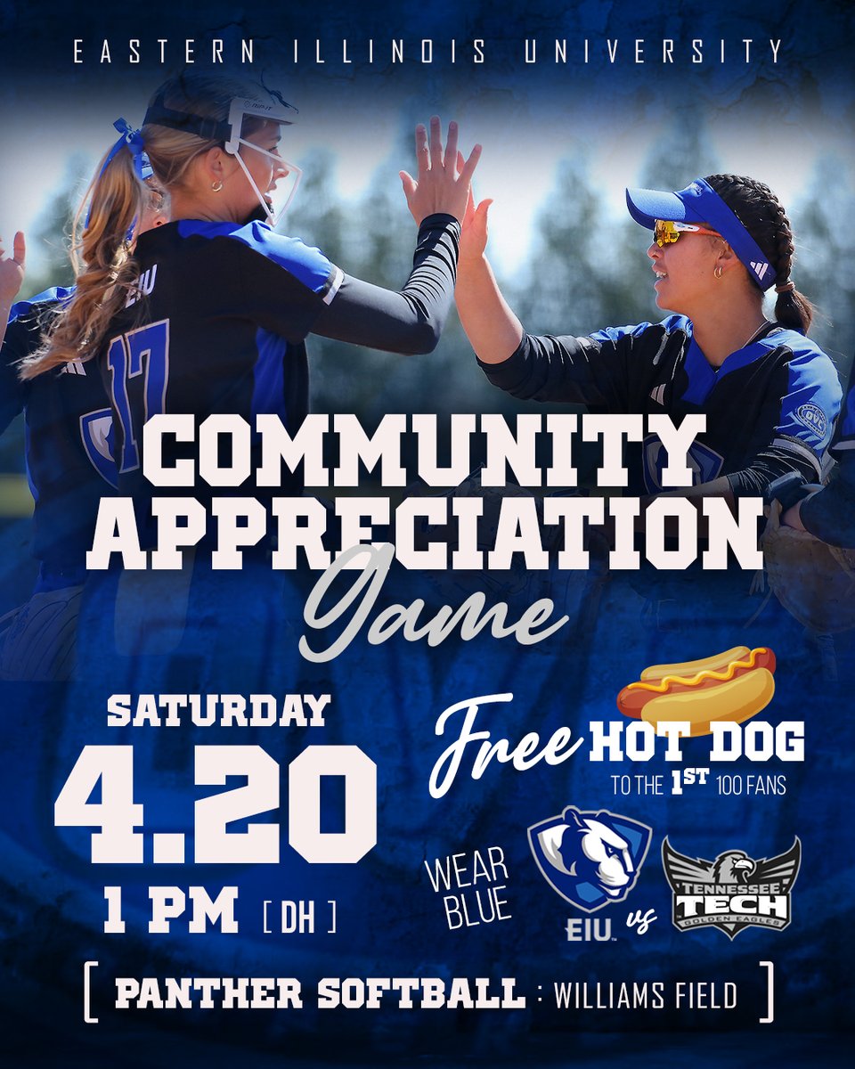 Join us this Saturday for A Community Appreciation Day as the @EIU_Softball team hosts Tennessee Tech at 1 p.m. for a doubleheader at Williams Field The Office of the President at EIU @eiu will be providing FREE Hot Dogs 🌭 to the first 100 fans at the game