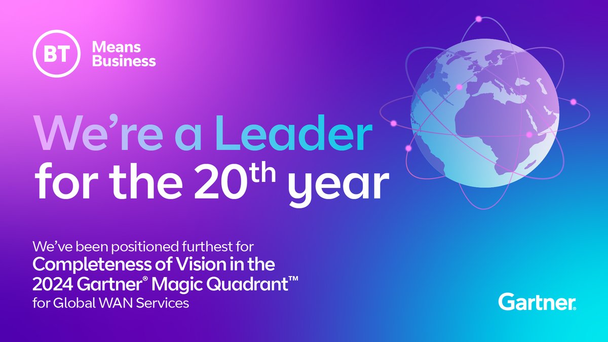 We have been recognised as the furthest for Completeness of Vision in the Gartner® Magic Quadrant™ for Global WAN Services 2024, and a leader for the 20th year. Follow this link to find out more 👉 bit.ly/3J4JavI #BTMeansBusiness #GotYourBack