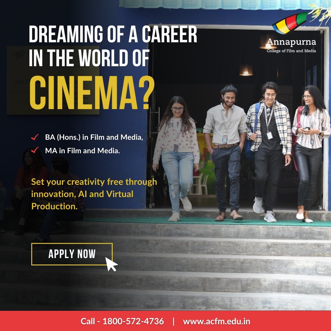 🎥💫 Dreaming of a career in the world of cinema? 💫🎥Set your creativity free through innovation, AI, and Virtual Production. 🔗 Start your journey acfm.edu.in/apply-now-ba 🎨 #AnnapurnaCollege2024 #AnnapurnaCollege #CreateWithAnnapurna #FilmAndMediaFuture #AdmissionsOpen