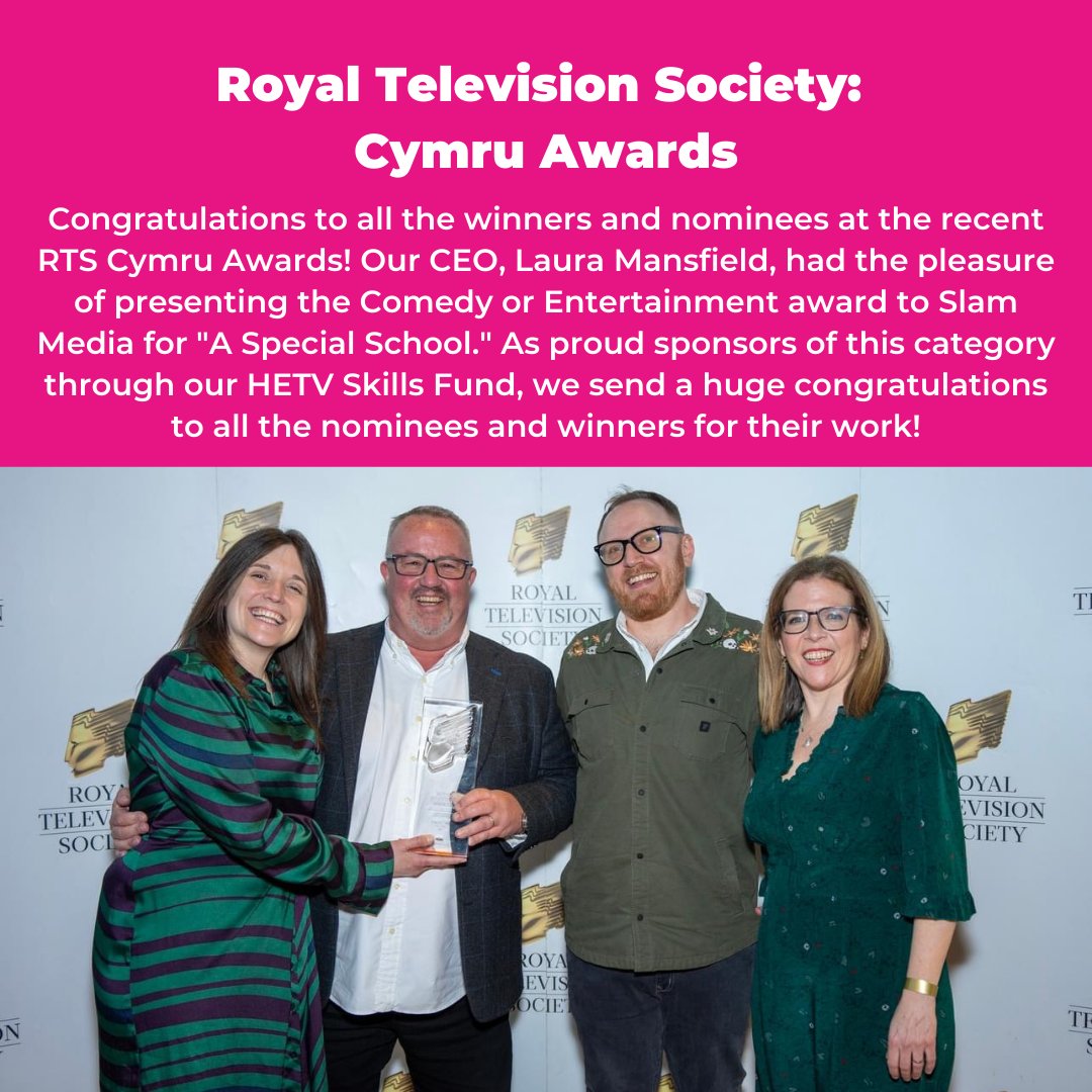 Congratulations to all the winners and nominees at the @RTSCymruWales Awards, particularly @Slam_Media whose 'A Special School' won in our #HETVSkillsFund sponsored category Comedy or Entertainment, which our CEO Laura Mansfield had the pleasure of presenting 🎉🙌 #RTSCymru