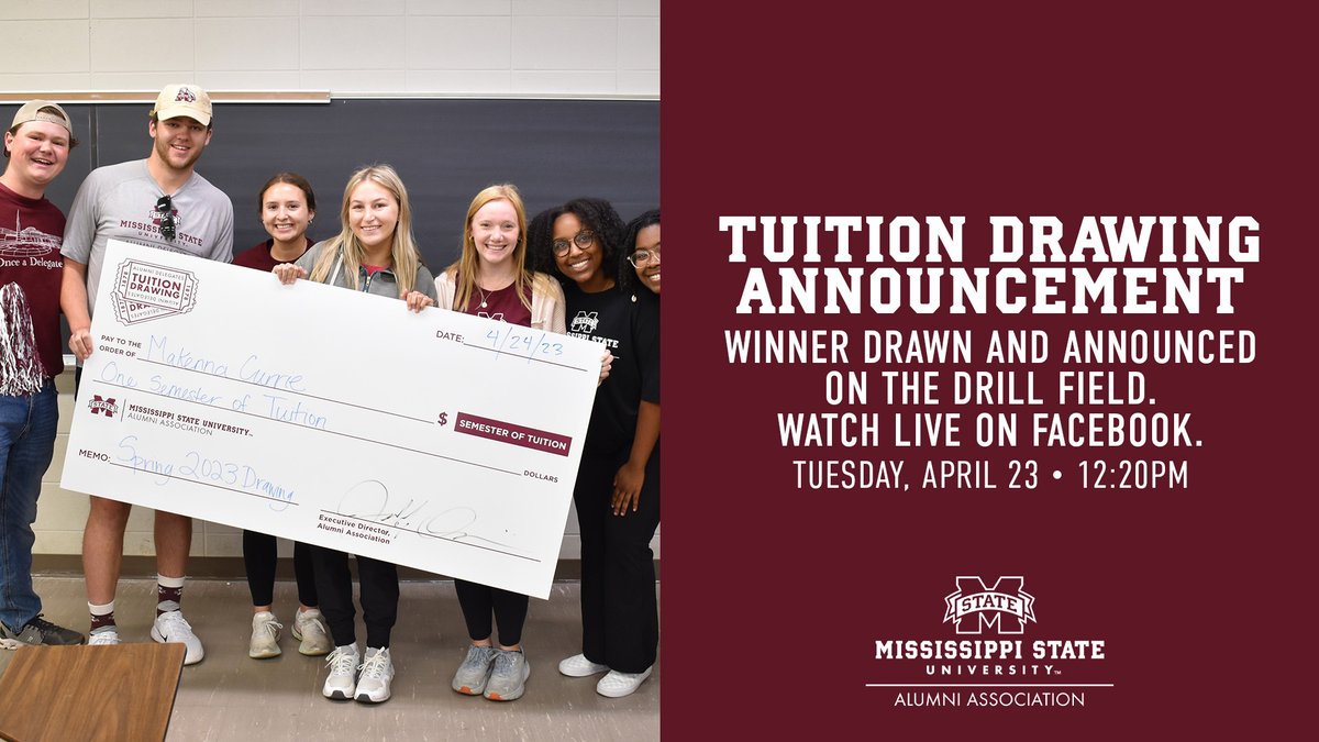 If you entered this semester's Tuition Drawing, you'll want to see this. 👀 Join the Alumni Delegates on the Drill Field next Tuesday for the winner drawing and announcement! Watch live on our Facebook as well. 📅 April 23 ⏰ 12:20PM 📍 Drill Field 📺 facebook.com/msstatealumni