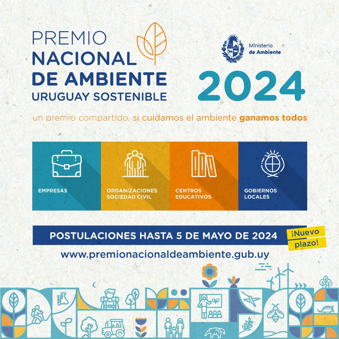 📣Nuevo plazo hasta 🗓️5 de mayo para que postules tu iniciativa ambiental al Premio Nacional de Ambiente “Uruguay Sostenible”.🏆 ℹ️ Encontrá toda la información en premionacionaldeambiente.gub.uy 🌱¡Un premio compartido, si cuidamos el ambiente, ganamos todos! 👏🏽