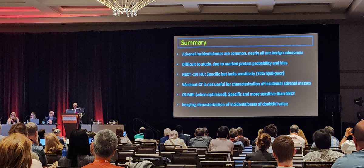 Glad I stayed till the end to listen to @NickSchiedaMD's excellent talk on adrenal incidentalomas.

Highlighting:
1️⃣the (extremely) high pretest probability of being adenomas
2️⃣pitfalls of CT (unenhanced and adrenal washout)
3️⃣'If' you decide to do imaging, MRI>adrenal washout CT