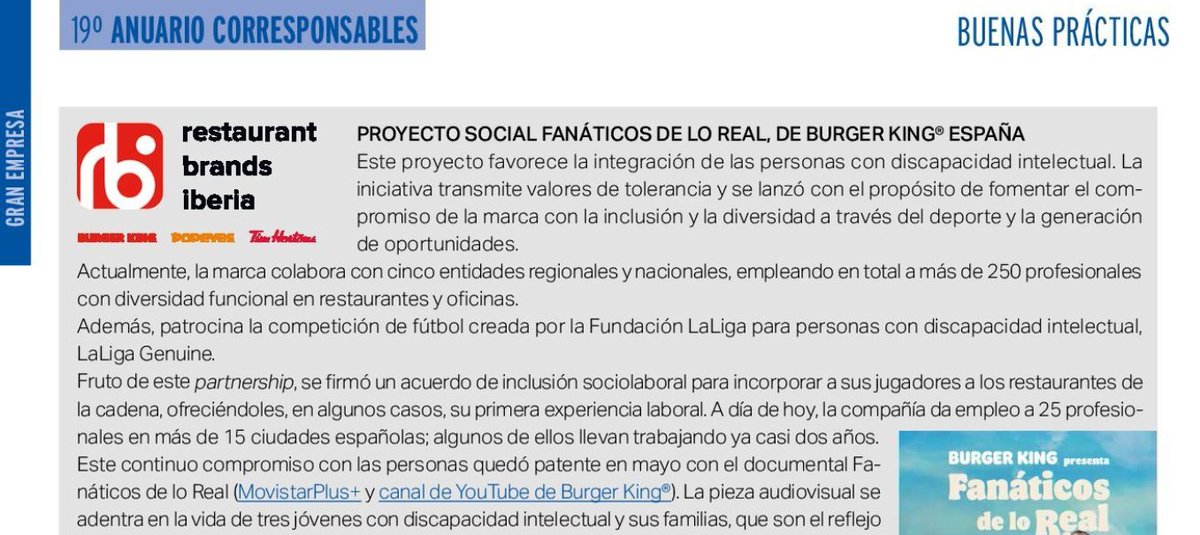 ⚽ Restaurant Brands Iberia (@BurgerKing, @Popeyes_es, @TimHortonsES) promueve la #ResponsabilidadSocial, empleando a más de 250 profesionales con diversidad funcional. Detalles en el #AnuarioCorresponsables2024 👉 tinyurl.com/yc2psnn7