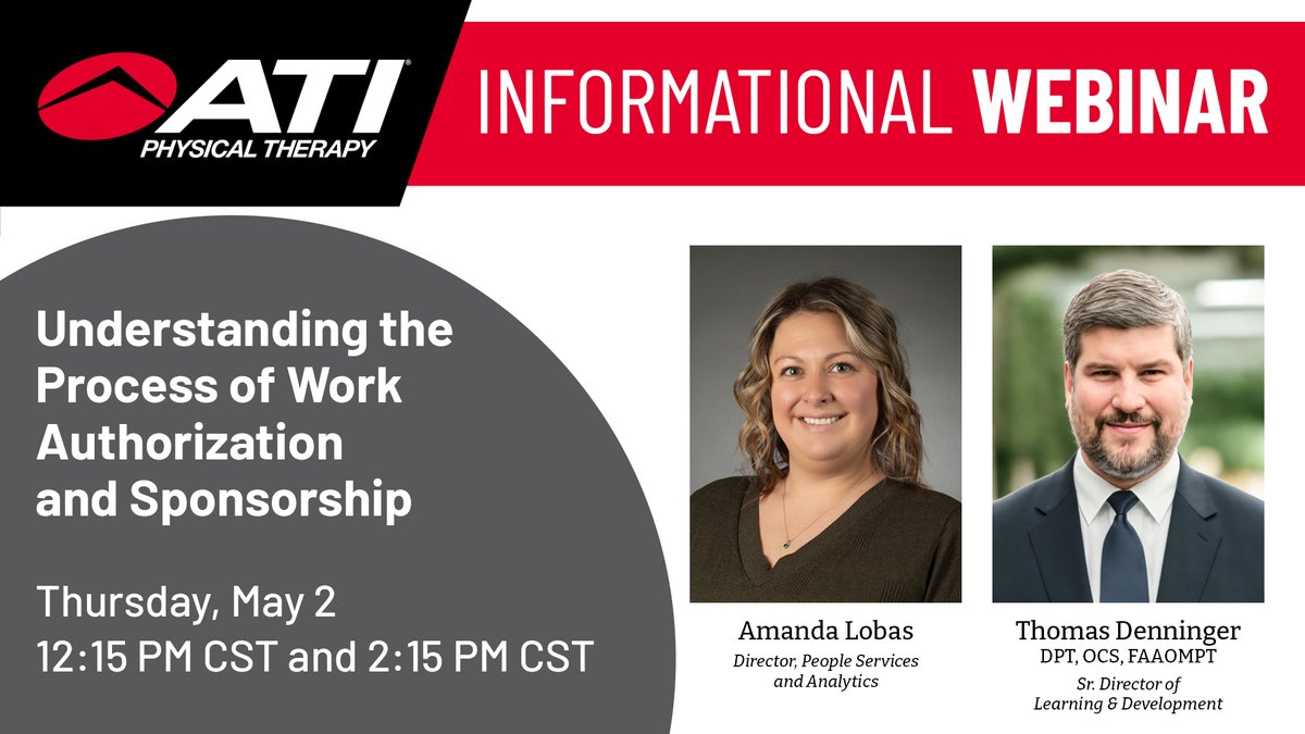 Calling recent or soon-to-be DPT, OT, & ATC grads! Got questions about sponsorship & work auth.? Join ATI Physical Therapy for an informative webinar on navigating immigration. May 2nd, 12:15 PM CST, bit.ly/4aVtwyM Repeat session 2:15 PM CST, bit.ly/49J322x