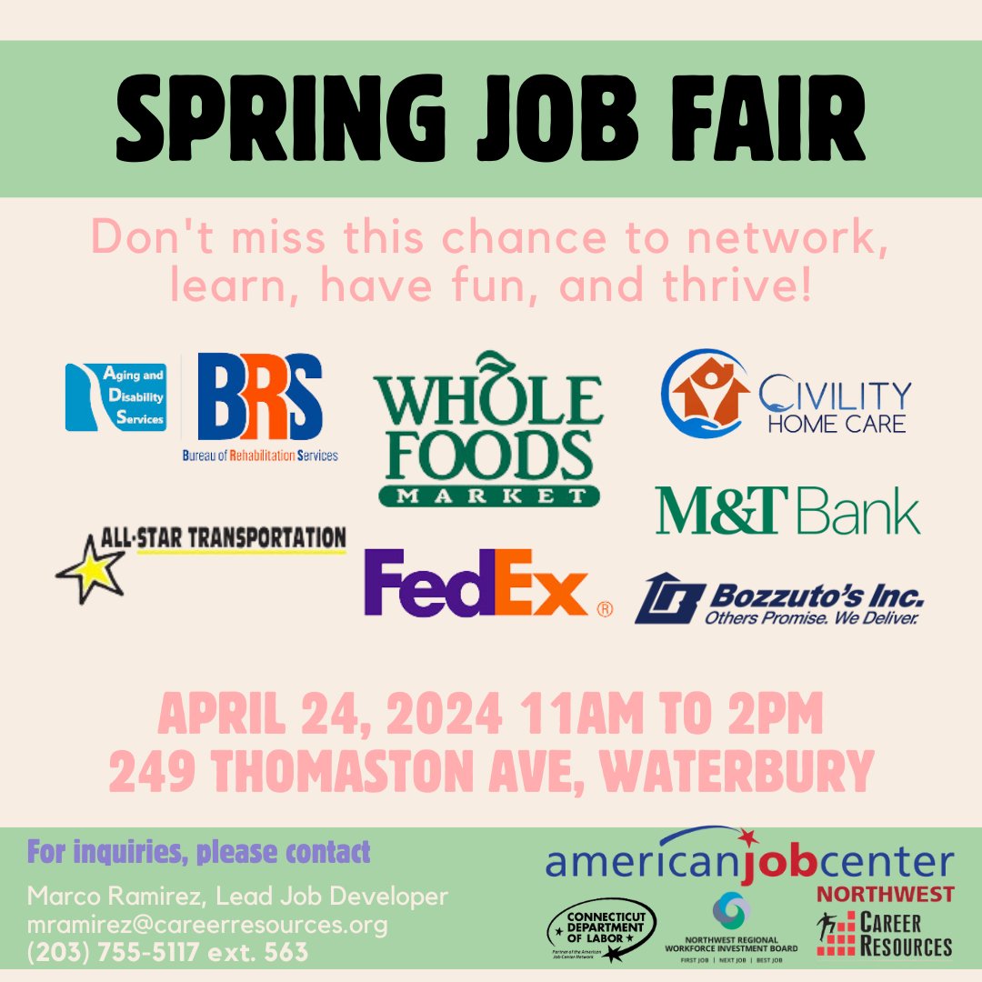 Connect with these local employers (and more!) to discover your career possibilities! Access valuable resources to empower your journey towards success on April 24th, from 11AM to 2PM at the #WaterburyCT American Job Center! #JobFair #CareerFair #AmericanJobCenter #JobSeekers