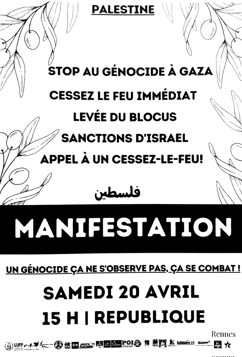 Demain à #Rennes continuons à faire entendre nos voix contre la guerre génocidaire à #Gaza.

Pour un #CessezLeFeu immédiat et la paix, nous ne nous tairons pas ! 

#IlleetVilaine