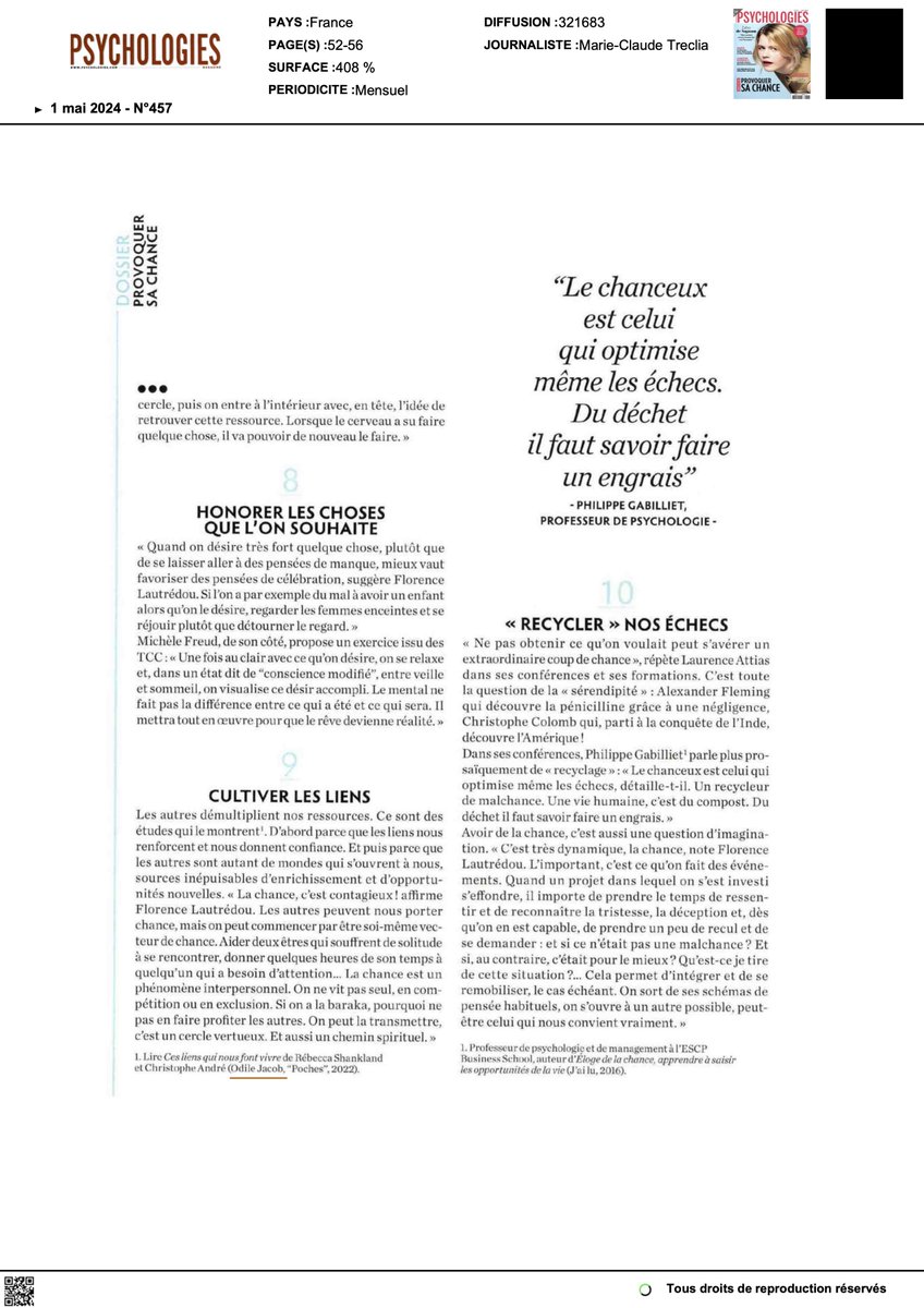 Lucky, unlucky? Heureuse de partager ce dossier de Marie-Claude Treglia, <a href="/Psychologies_/">Psychologies</a>, sur la Chance, auquel j'ai collaboré.

10 action pour attirer la bonne fortune ⤵️