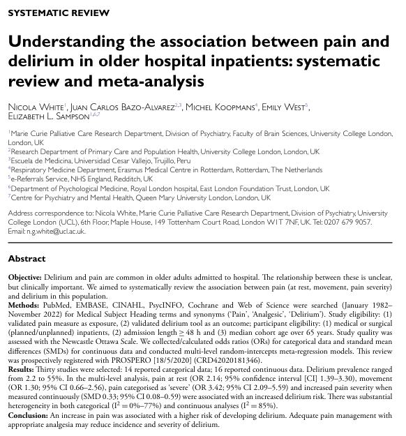 🚨 New paper out @Age_and_Ageing and the pleasure of working with @ProfLizSampson again. Conclusion 'An increase in pain is associated with a higher risk of developing delirium in older adults admitted to hospital' doi.org/10.1093/ageing… #delirium @MCPCRD @MarieCurieEOLC