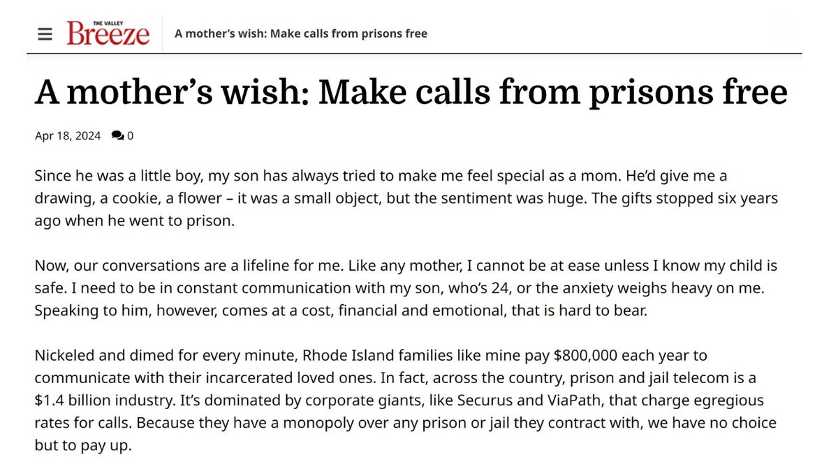 Powerful words about our RI bill to make prison calls free in @TheValleyBreeze. 'This bill is an opportunity for mothers and sons to have a nurturing relationship without worrying about whether we have enough money to hear—and say—'I love you.'' - Melonie valleybreeze.com/opinion/letter…