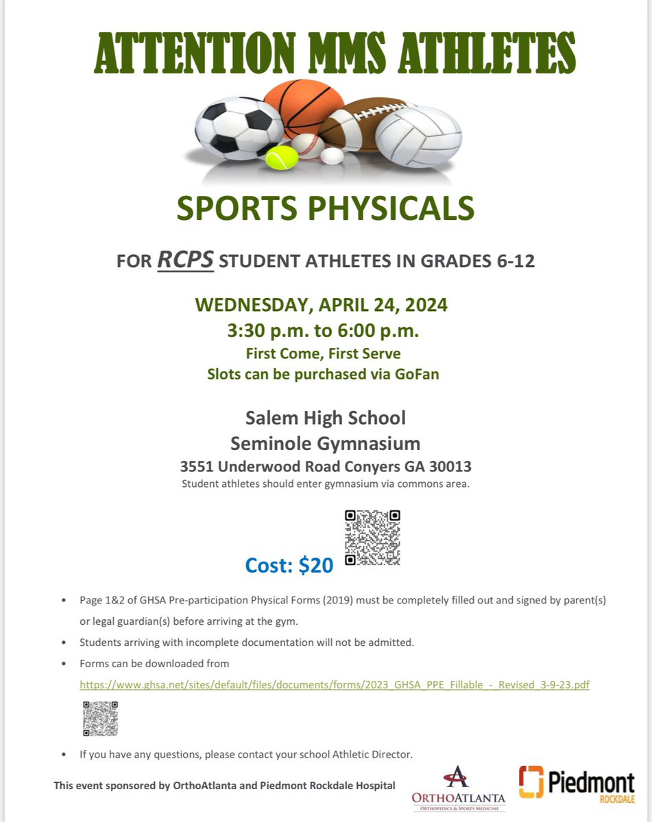 RCPS Athletics (@rcps_ad) on Twitter photo ATTENTION‼️ <a href="/SalemHSAthletic/">The Official Salem Athletic Seminoles</a> @SalemHS_Conyers <a href="/MemorialMS/">Memorial Middle School</a> student athletes. Start preparing for the 2024-25 season by signing up for your sports physical. Wednesday, April 17 @ Salem High School Gym 3:30-6:00pm! Scan the QR code for your school. ATTENTION‼️ <a href="/SalemHSAthletic/">The Official Salem Athletic Seminoles</a> @SalemHS_Conyers <a href="/MemorialMS/">Memorial Middle School</a> student athletes. Start preparing for the 2024-25 season by signing up for your sports physical. Wednesday, April 17 @ Salem High School Gym 3:30-6:00pm! Scan the QR code for your school.