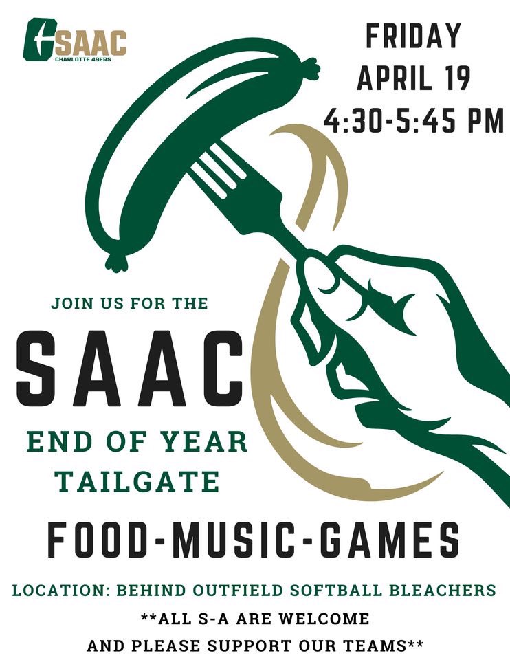 ALL ATHLETES ARE WELCOME!!! Come out to our SAAC End of the Year Tailgate TODAY for FOOD, music and games! See you there🫵🌭🍔