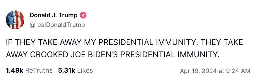.@realDonaldTrump doesn't have the immunity to take away in the first place. Neither does Biden, or any president for that matter.