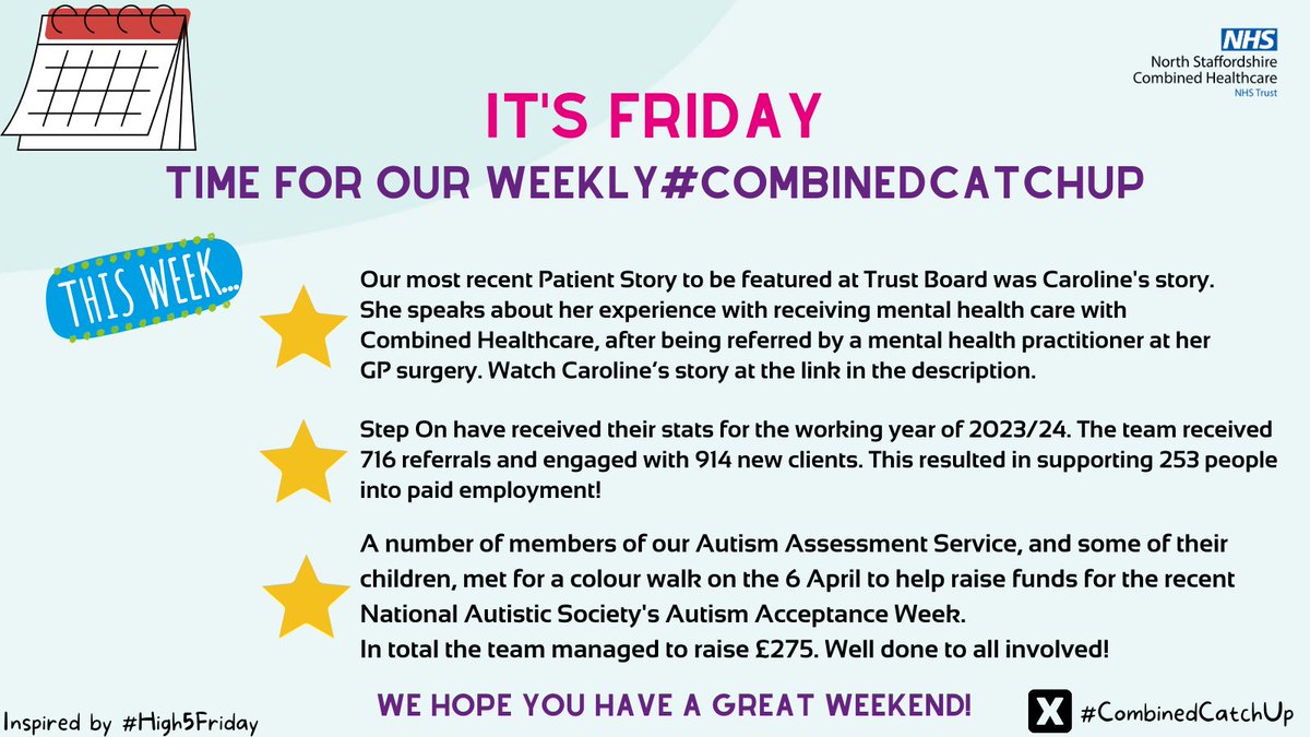 #CombinedCatchUp highlights our latest Patient Story, the impressive stats for 2023/24 from @StepOnStaffs and fundraising efforts from our Autism Assessment Service as part of Autism Acceptance Week so well done to all teams and services involved. Watch Caroline's Story here:…