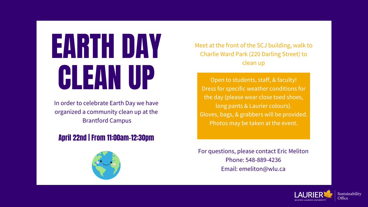 Join us in honouring Earth Day with a community clean-up at Brantford Campus! 🌍📷 April 22nd, 11:00am-12:30pm. We will meet at the SCJ building and walk to Charlie Ward Park (220 Darling Street) to clean up! #EarthDay #CommunityCleanup