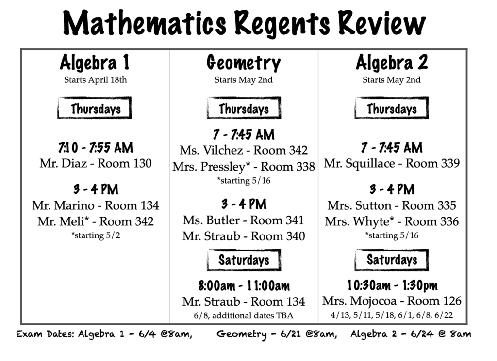 Please view the following image to see the Math review schedule: