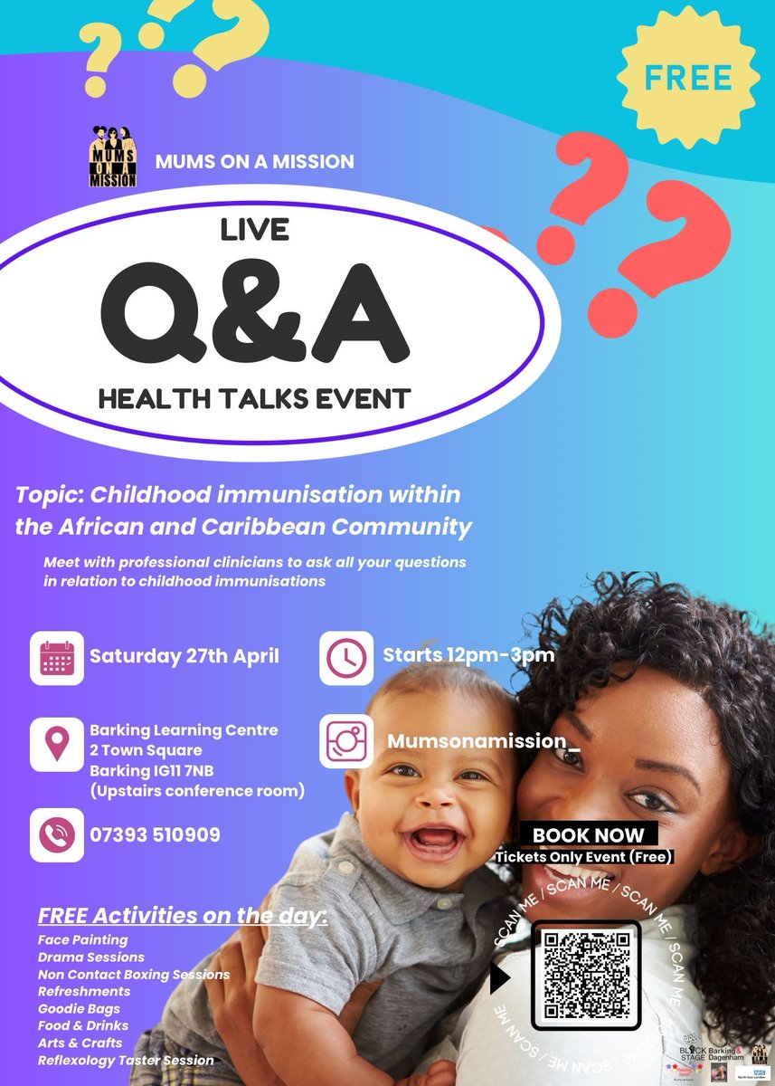Next Saturday, Mums on a Mission are hosting a fun casual session on #immunisation within the African & Caribbean community at the Barking Learning Centre! Expect fun activities like BoxFit, Drama and Face Painting! Sign up here: ow.ly/FHiY50Rgo3z #BarkingandDagenham