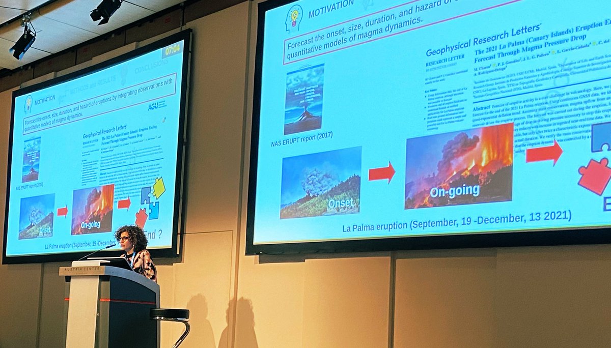 Maria Charco (@charco_maria from @IGeociencias) presents our recent paper in @theAGU GRL journal on a successful forecast and a posteruptive analysis on the limits of such approach to know the duration of eruptions in advance for La Palma in the future