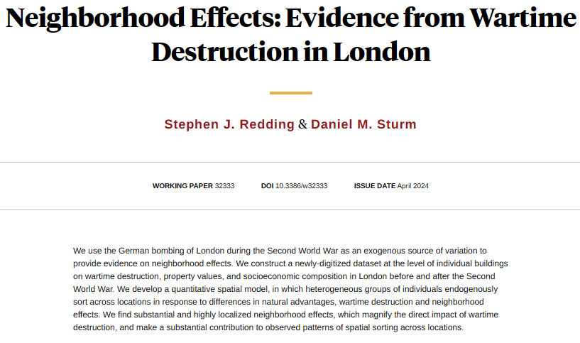 Using wartime destruction as an exogenous source of variation, evidence is found of neighborhood effects, which make a substantial contribution to patterns of spatial sorting, from @ReddingEcon and Daniel M. Sturm nber.org/papers/w32333