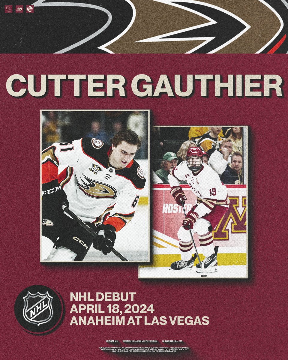 NHL DEBUT: Cutter Gauthier became the 88th NHL Eagle on Thursday night in his debut with the @AnaheimDucks.