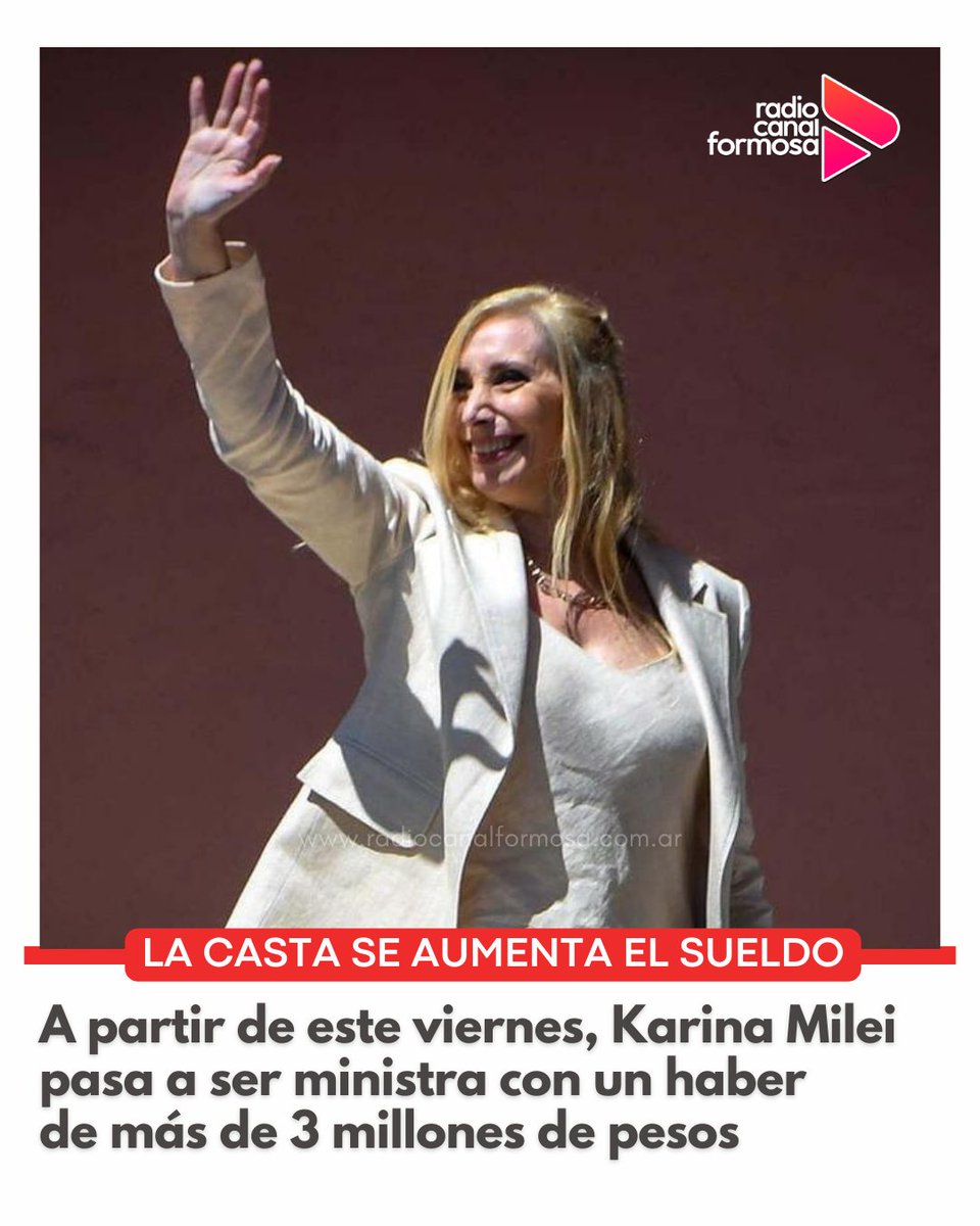 🔴 "Así se mueve la casta", dijo Milei...
💰Mientras tanto, a partir de este viernes 19, la hermana y secretaria General de Presidencia, Karina Milei, pasa a tener rango de ministra y su sueldo subirá a 3.584.000 de pesos. Este ascenso fue publicado a través del Boletín Oficial.