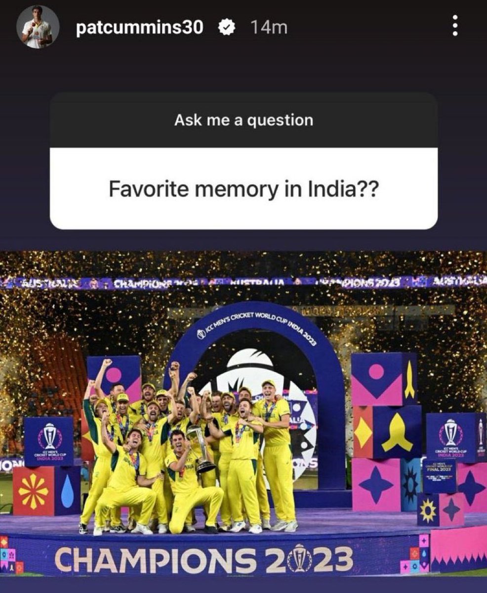#PatCummins when asked about his favourite memory in India.

No surprises there.

#IndvsAus #WorldCup #IPL2024 #SRH