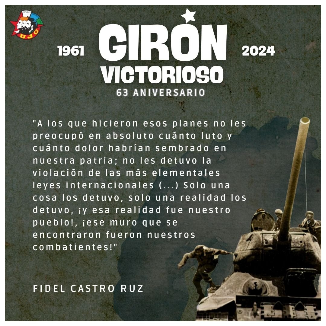 Desde #ElArteDeEnseñarElArte celebramos hoy el aniversario 63 de #GirónVictorioso, la primera gran derrota militar de los Estados Unidos en América 
#GirónVictorioso #UJC <a href="/UJCdeCuba/">UJC de Cuba</a> <a href="/MeyvisEstevezE/">Meyvis Estevez Echevarría</a>