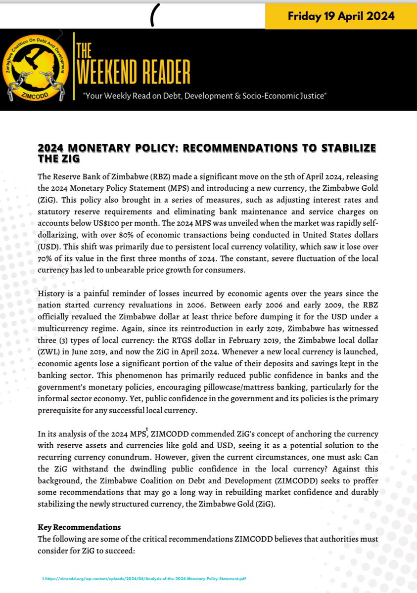 The RBZ Monetary policy introduced the ZiG which is now ‘partially’ operating. Read our recommendations on how to stabilise the ZiG: zimcodd.org/wp-content/upl…