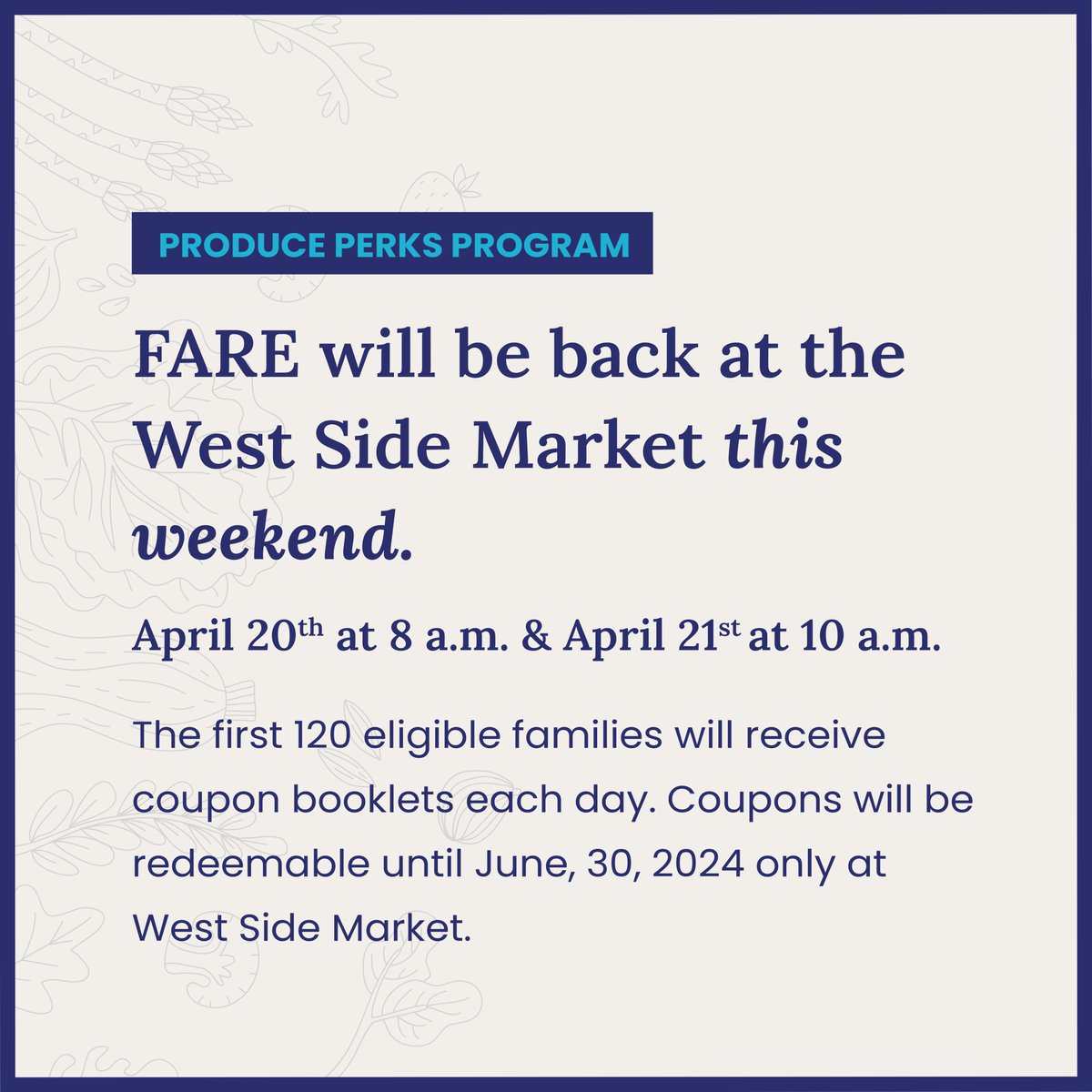 This weekend at the West Side Market: FARE, the City of Cleveland & Produce Perks Midwest are bringing back Produce Perks! TANF-eligible families get $140 in free fruit/veggie coupons to spend before June 30, 2024. Learn more: bit.ly/4aHUsCp