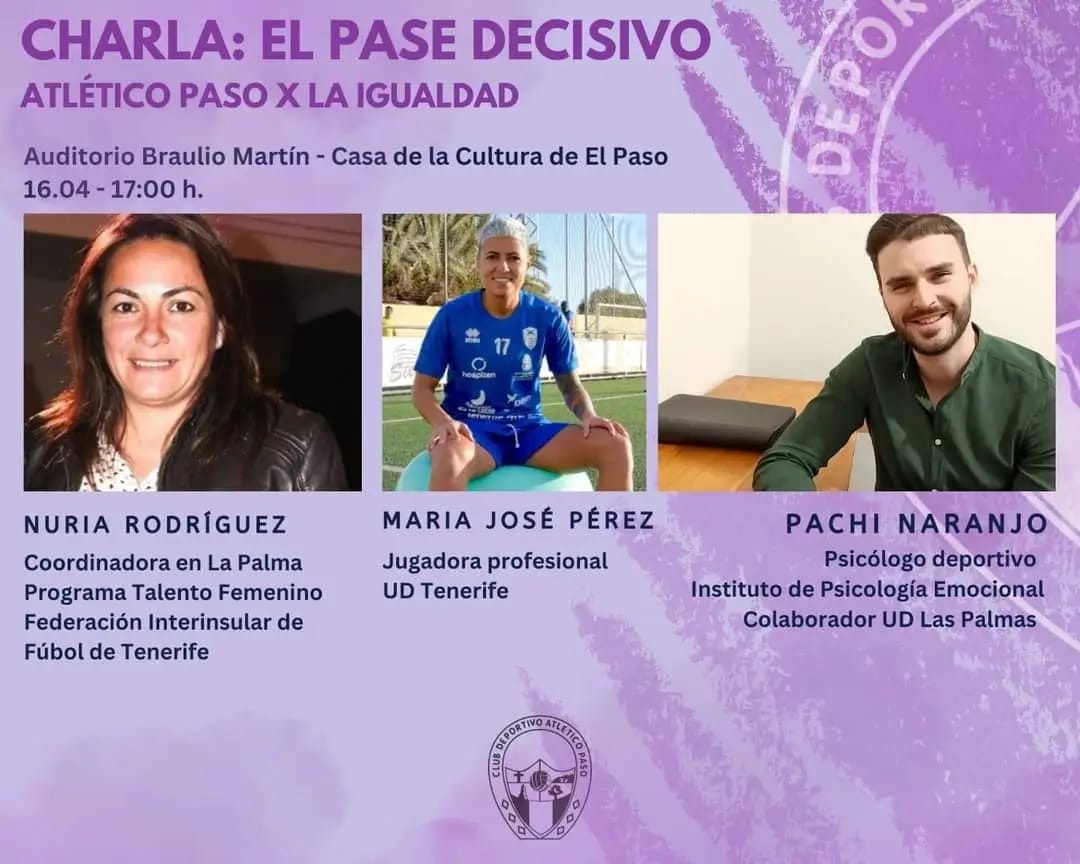 La Fundación UD Las Palmas participó en una charla coloquio dentro de la campaña 'El Pase Decisivo', organizada por el @AtleticoPaso, que tiene como objetivo promocionar la igualdad en el fútbol. Pachi Naranjo, psicólogo deportivo del Instituto de Psicología Emocional y
