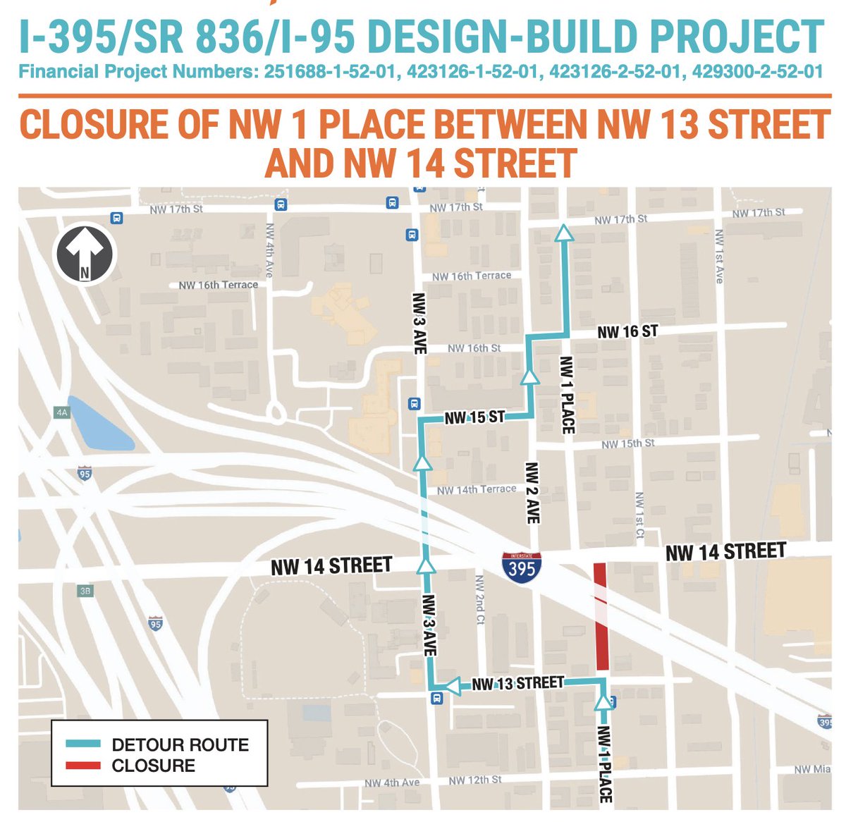 Heads up, Miami! NW 1st Place between NW 13th & 14th Streets CLOSED Fri, April 19th - Mon, April 22nd (10pm-5:30am) for bridge removal. Detours: NW 13th W to NW 3rd, NW 15th R to NW 2nd, or NW 16th R to NW 1 Place. Expect noise & follow safety signage. @MyFDOT_Miami